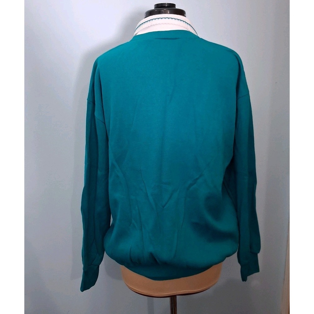 Vtg 90s Floral Cats Grandma Collared Sweatshirt Large L Womens Teal Bow Detail - Picture 3 of 14